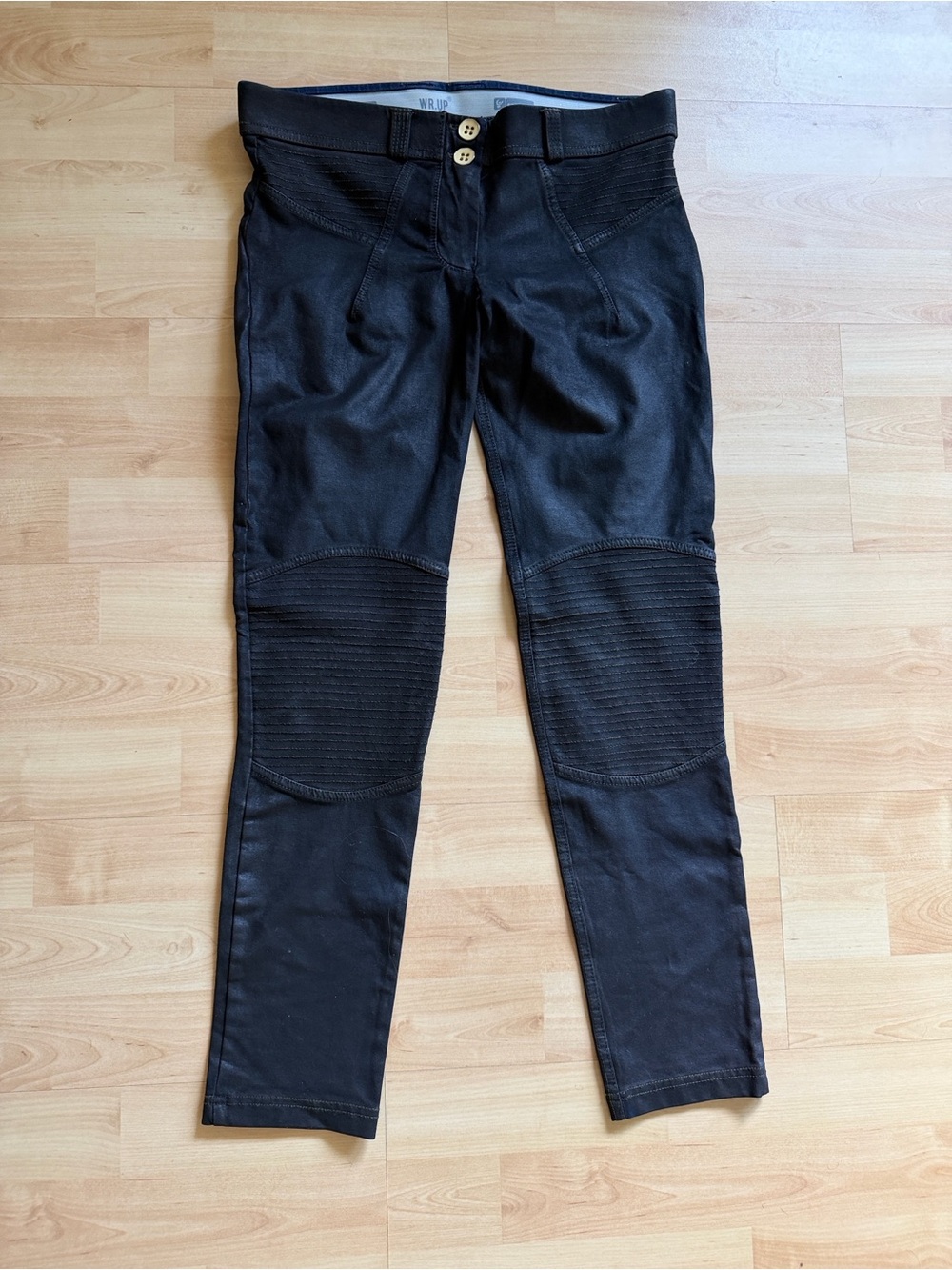 Freddy WR.UP Coated Black Denim Skinny Moto Ribbed-Knee Jeans Pants